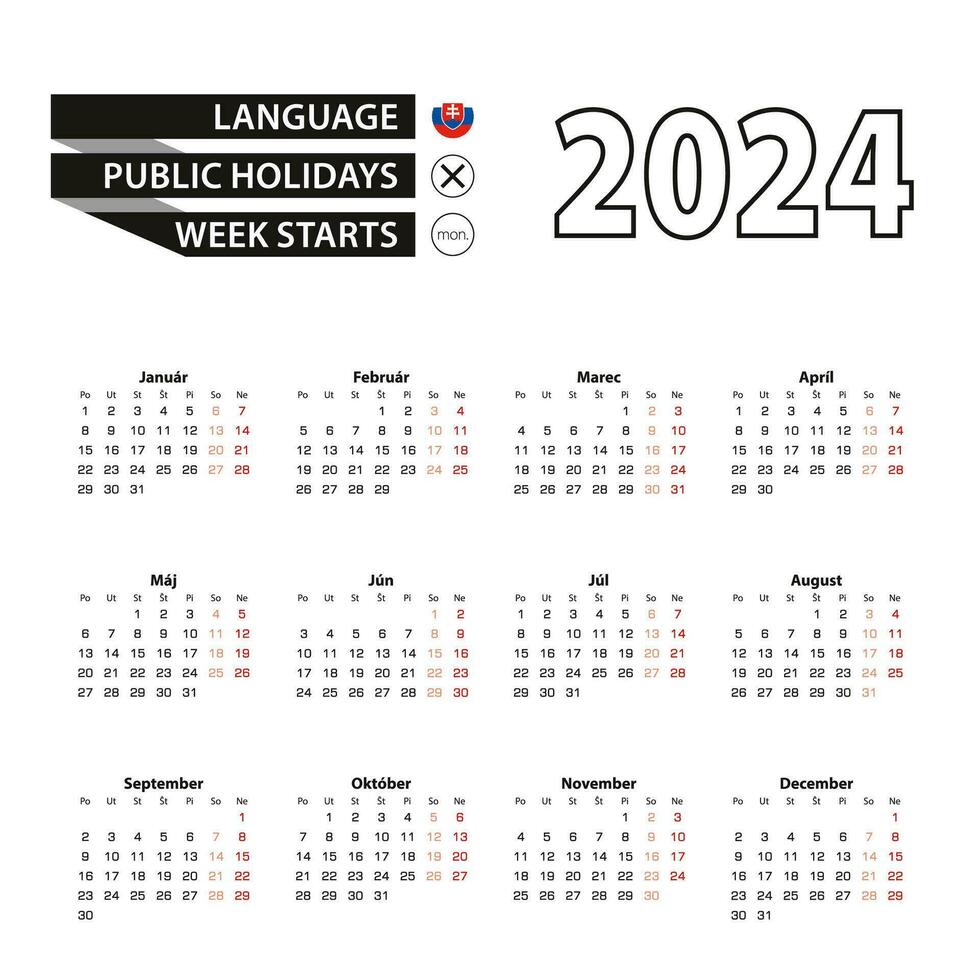 calendrier 2024 dans slovaque langue, la semaine départs sur lundi. vecteur