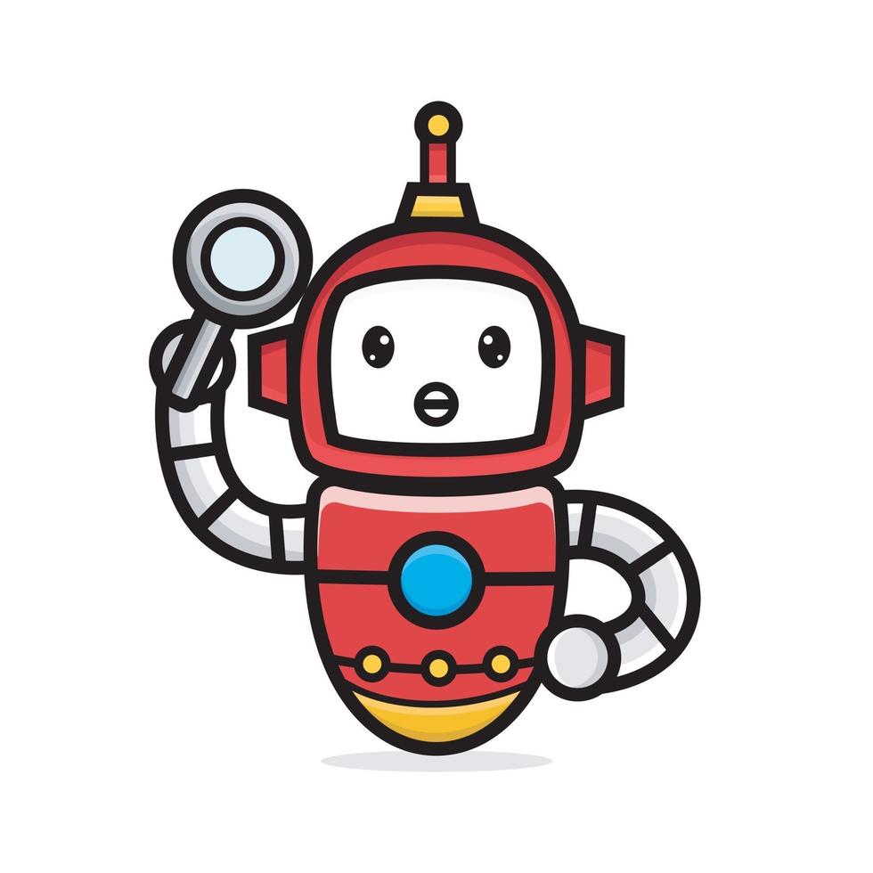 robot de personnages mignons tenant une loupe vecteur