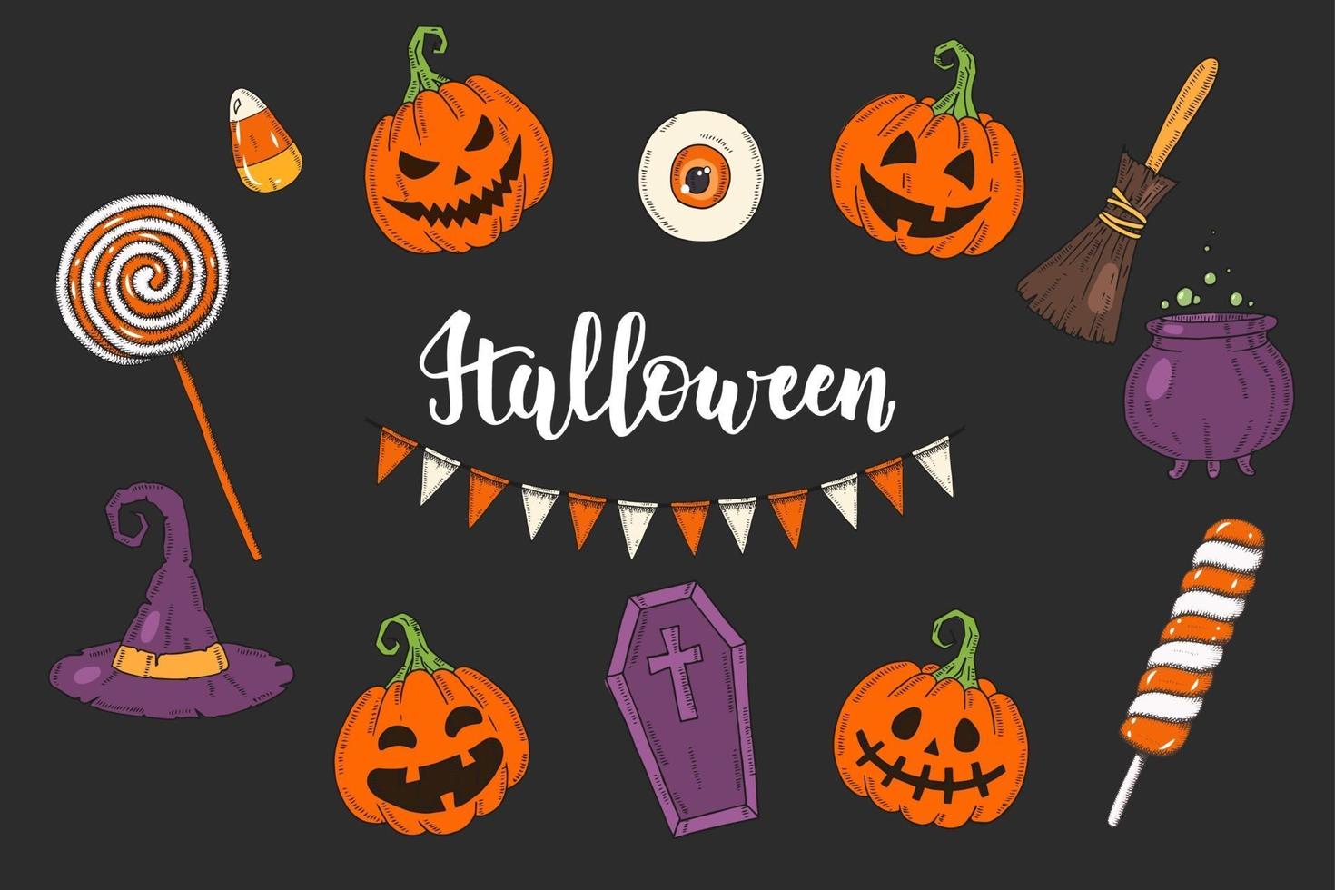 ensemble d'icônes d'halloween colorées dessinées à la main vecteur