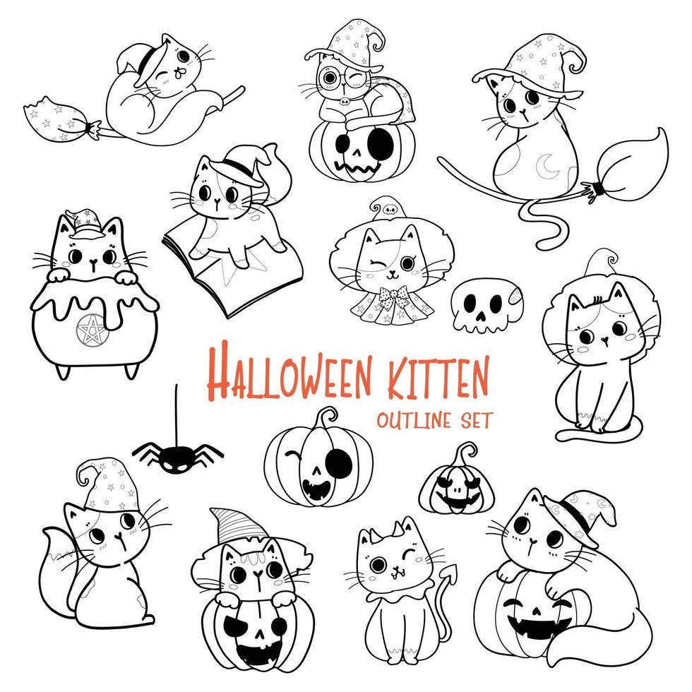 mignon, chat halloween, dessin animé, contour, griffonnage, ensemble, vecteur, coloration, page vecteur