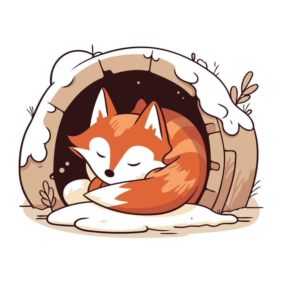 mignonne dessin animé Renard en train de dormir dans le cheminée. vecteur illustration.