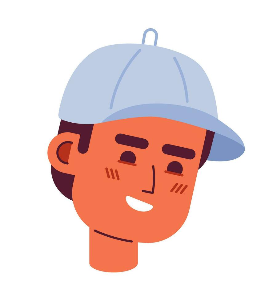 base-ball casquette homme à pleines dents sourire 2d vecteur avatar illustration. arabe gars portant base-ball chapeau dessin animé personnage visage portrait. sport ventilateur Masculin plat Couleur utilisateur profil image isolé sur blanc Contexte