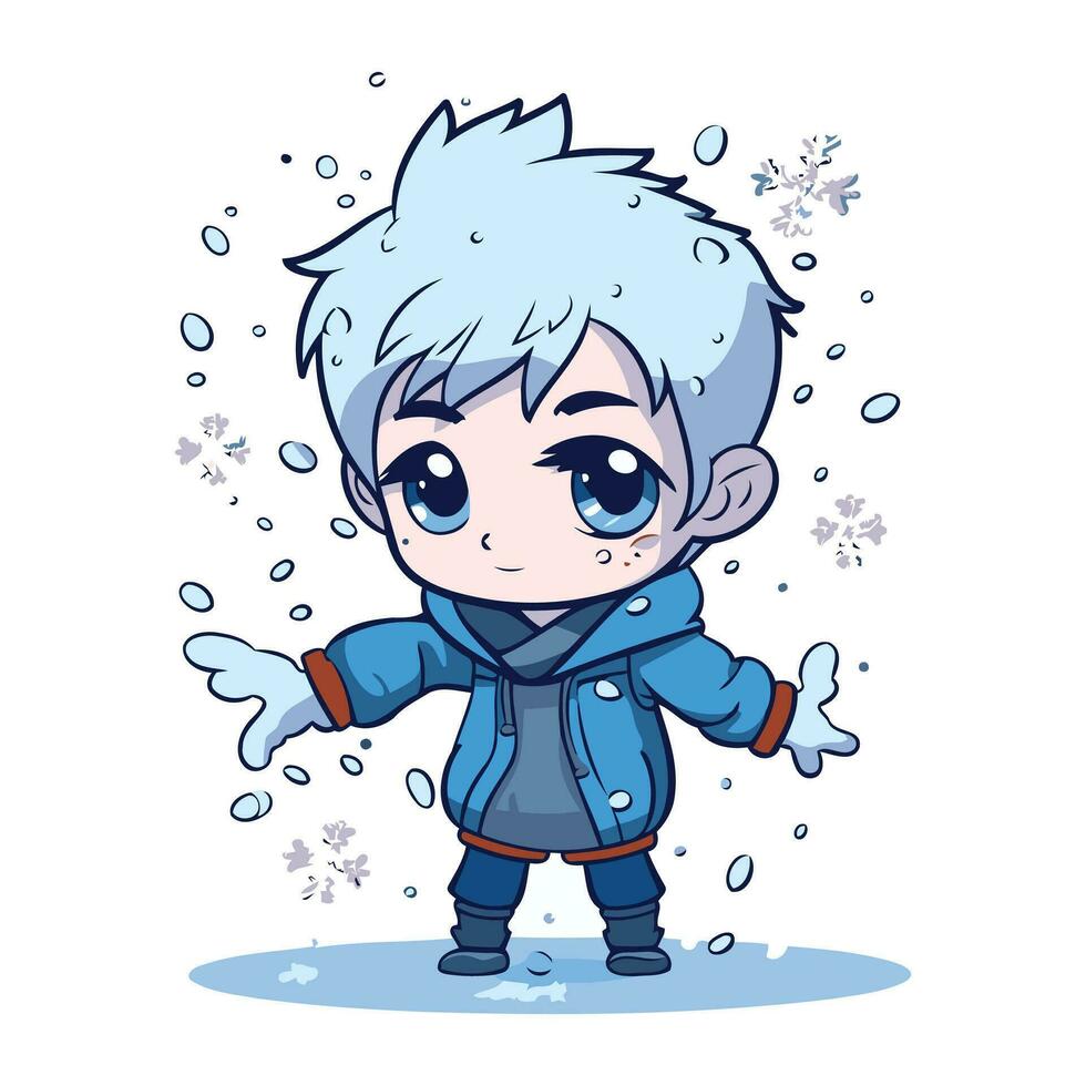 mignonne garçon dans hiver vêtements avec flocons de neige. vecteur illustration.