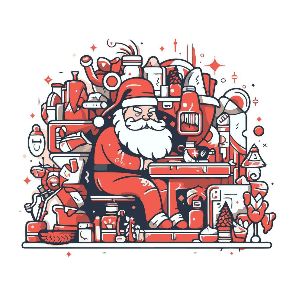 Père Noël claus séance sur le canapé. joyeux Noël et content Nouveau an. vecteur illustration