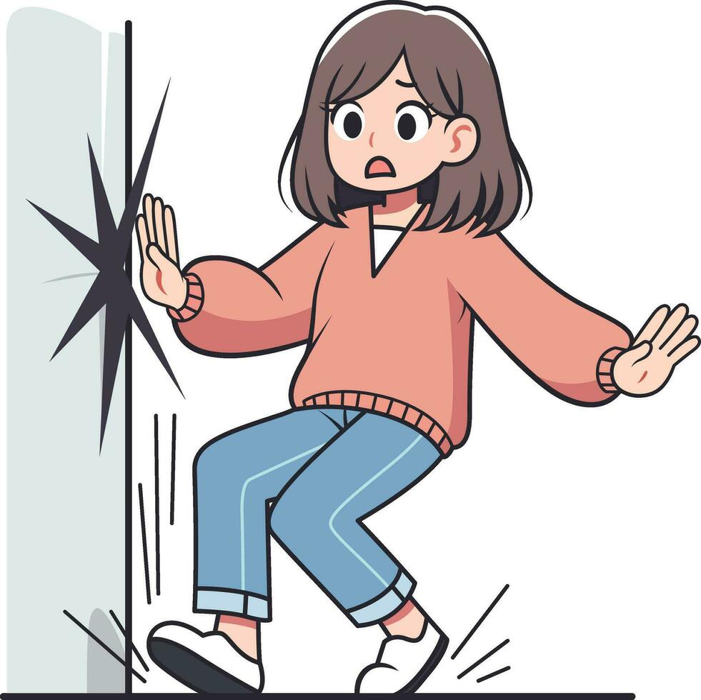 femme accidentellement cogner dans une mur, dessin animé style vecteur illustration, Dame cogner dans une mur, fille frappe une mur par accident, Stock vecteur image