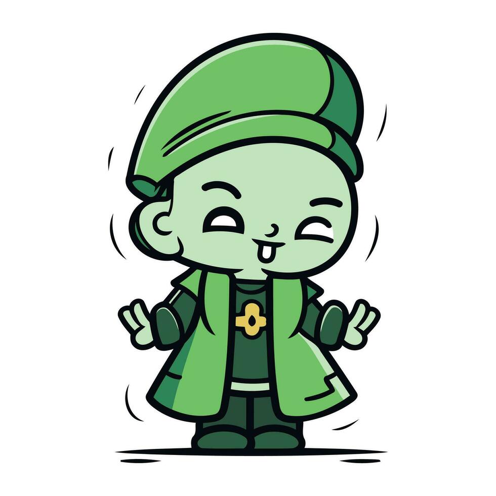 dessin animé vecteur illustration de une garçon dans une vert manteau et chapeau.