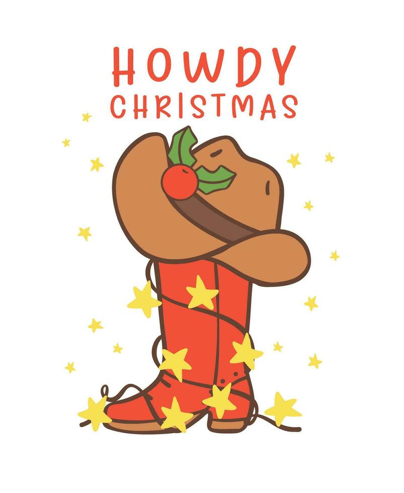 mignonne cow-boy Noël avec occidental démarrage dessin animé personnage main dessin vecteur