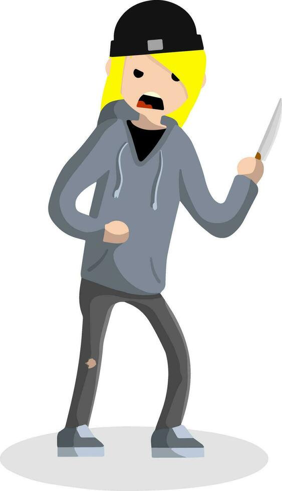 en colère Jeune homme avec couteau. rue crime. criminel gars délinquant. voleur voleur dans sweatshirt à capuche. Urbain Sécurité problème - dessin animé plat illustration vecteur