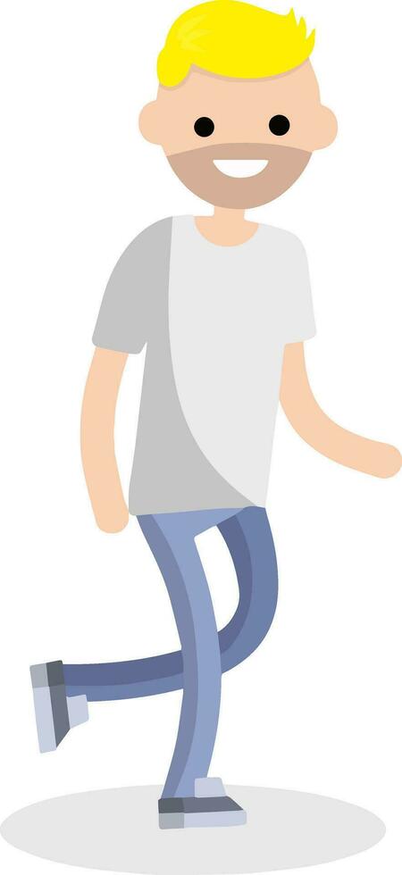 Jeune adulte homme dans blanc T-shirt et bleu jeans. ordinaire gars. ordinaire garçon en cours d'exécution. actif mouvement et mode de vie. dessin animé plat illustration vecteur