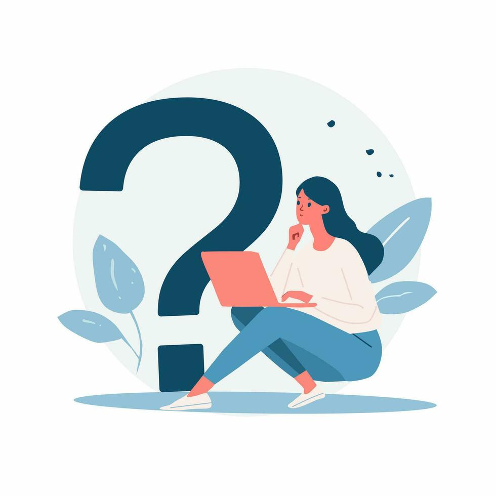 illustration femme avec portable et question marquer. ces des illustrations pouvez être utilisé pour divers fins, tel comme graphique conception, animation, et apprentissage médias. plat conception style vecteur