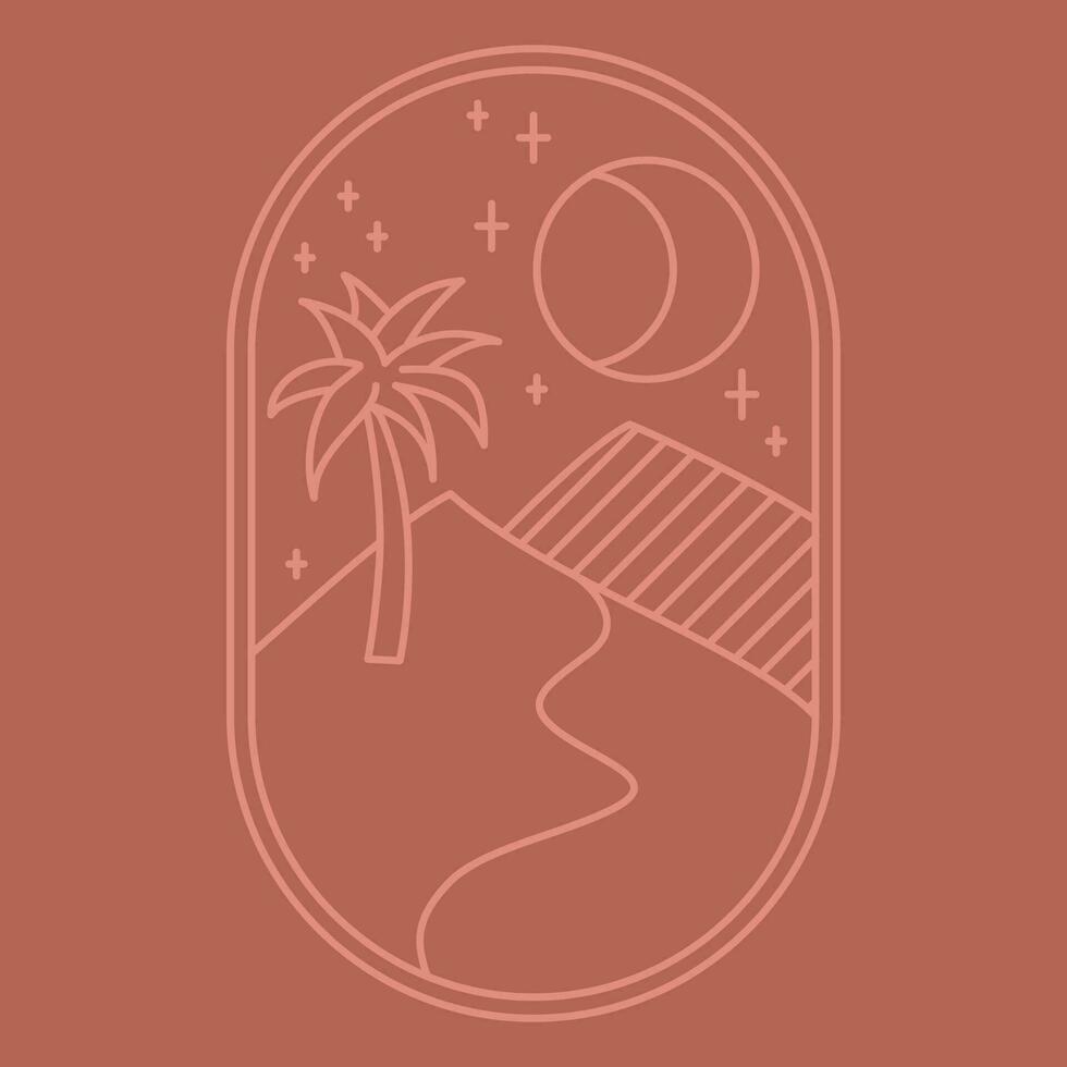 nuit oasis terre cuite boho logo. sable, lune, palmier, étoiles paysage esthétique icône. vecteur