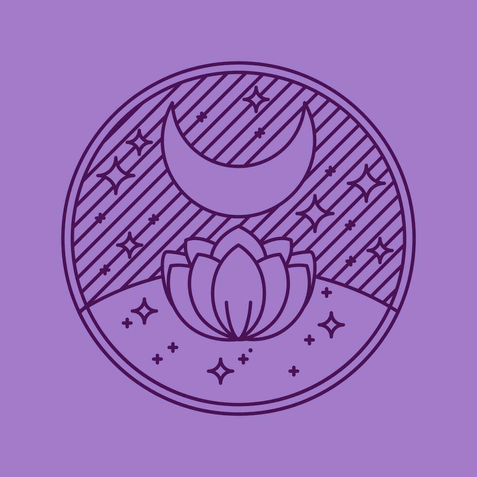 mystique violet boho logo. nuit lotus avec lune et étoiles dans le ciel rond forme esthétique icône. vecteur