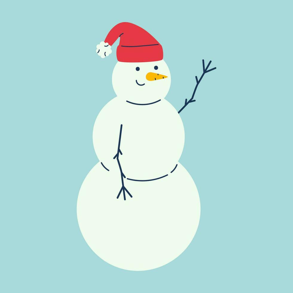 mignonne bonhomme de neige dans Père Noël chapeau salue vecteur