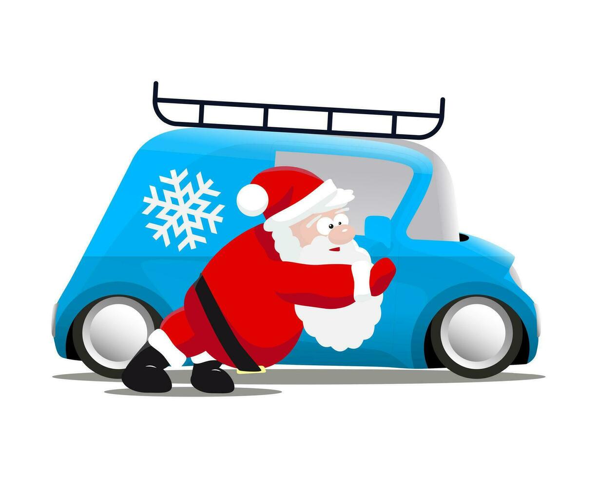 Père Noël pousser une bleu mini voiture vecteur