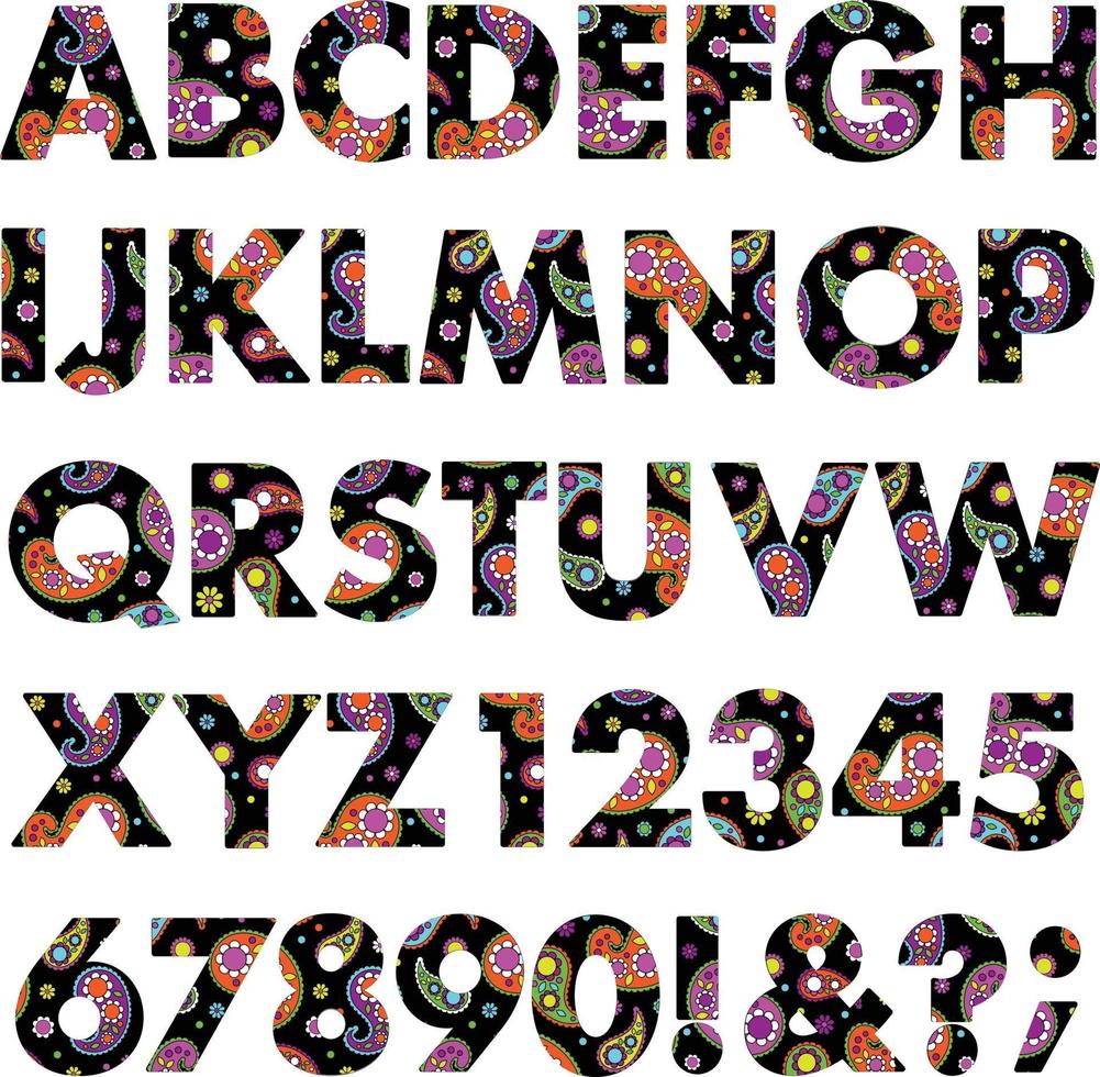 alphabet de modèle vectoriel néon paisley et fleurs mod