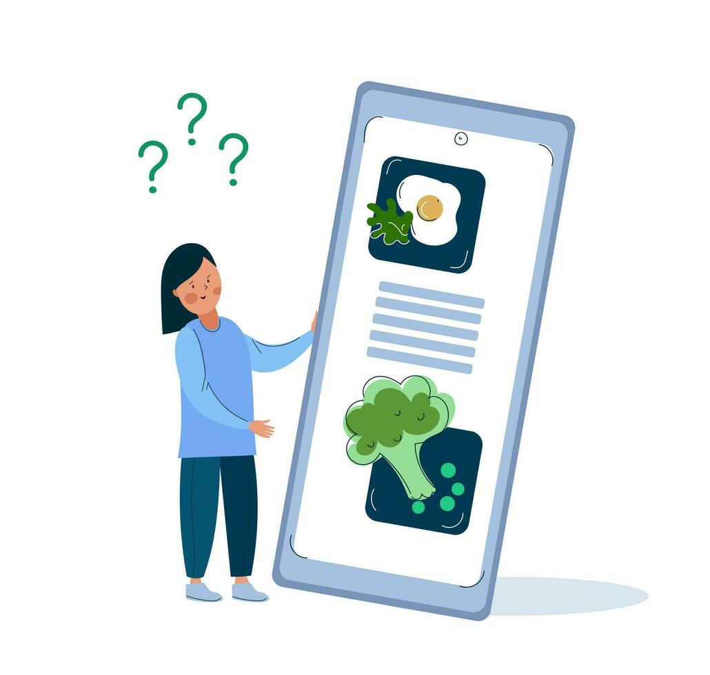 mobile application pour calorie compte. idée de en bonne santé nutrition et repas portion. fille compte calories avec téléphone intelligent app vecteur