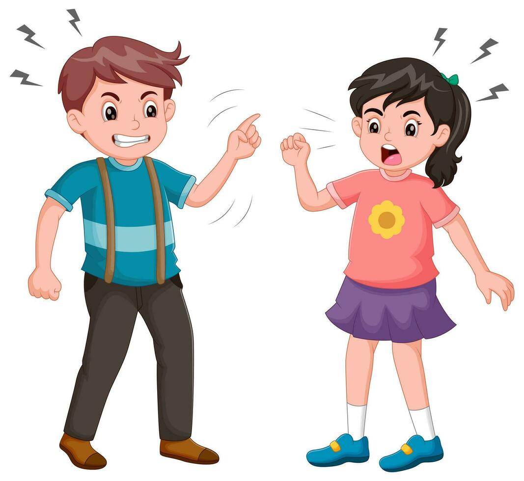 dessin animé en colère garçon et fille combat chaque autre. vecteur illustration
