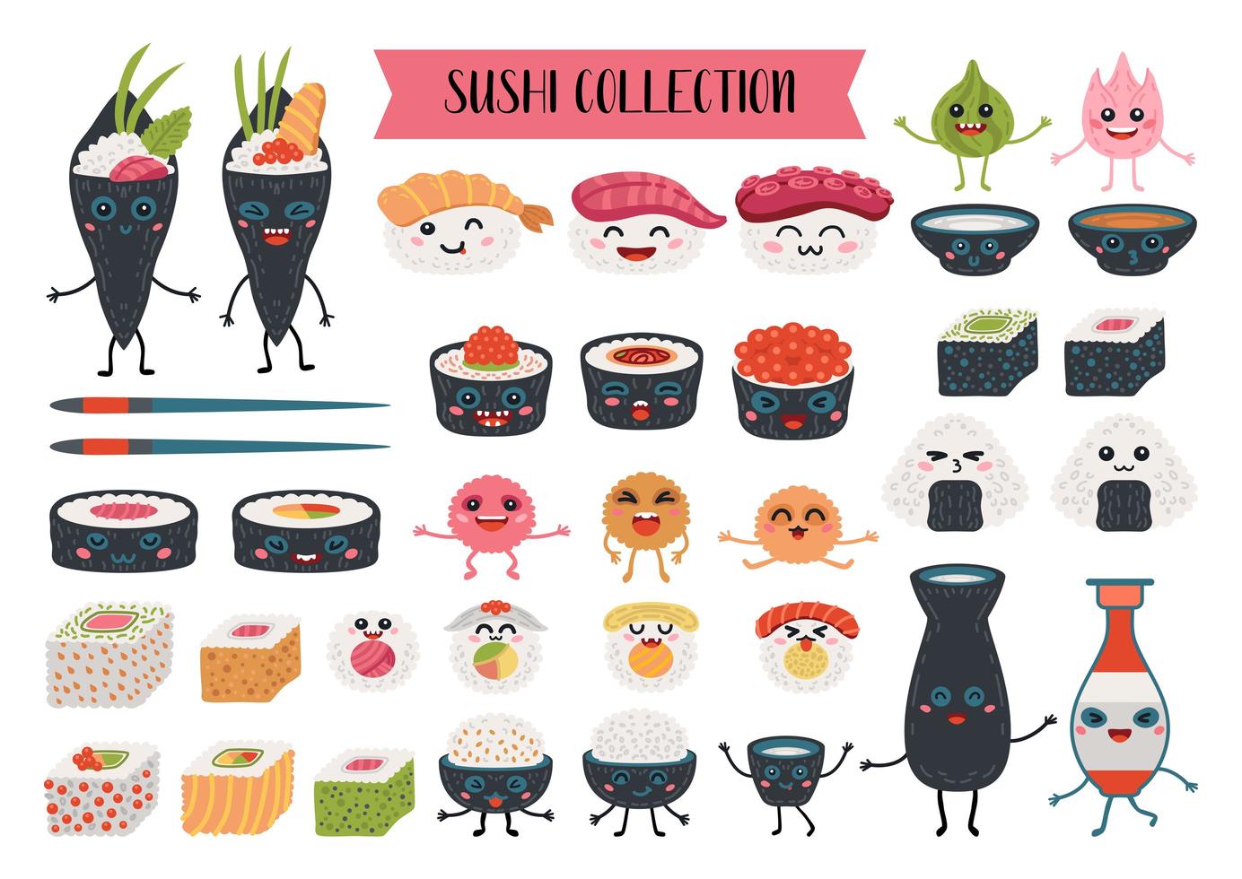 collection de rouleaux kawaii et de personnages de sushi vecteur