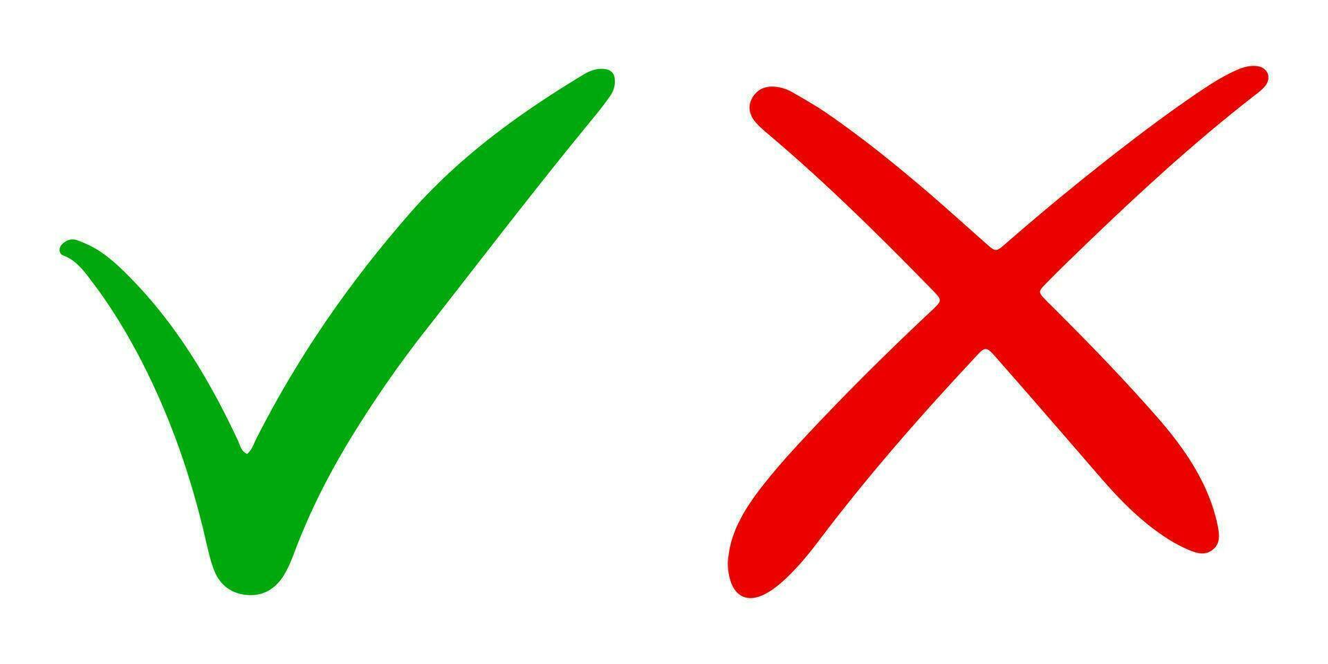 main dessinée de coche verte et croix rouge isolée. icône du bien et du mal. illustration vectorielle. vecteur