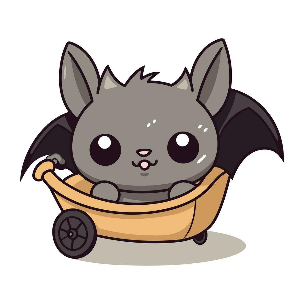 mignonne dessin animé peu chauve souris dans une brouette. vecteur illustration.