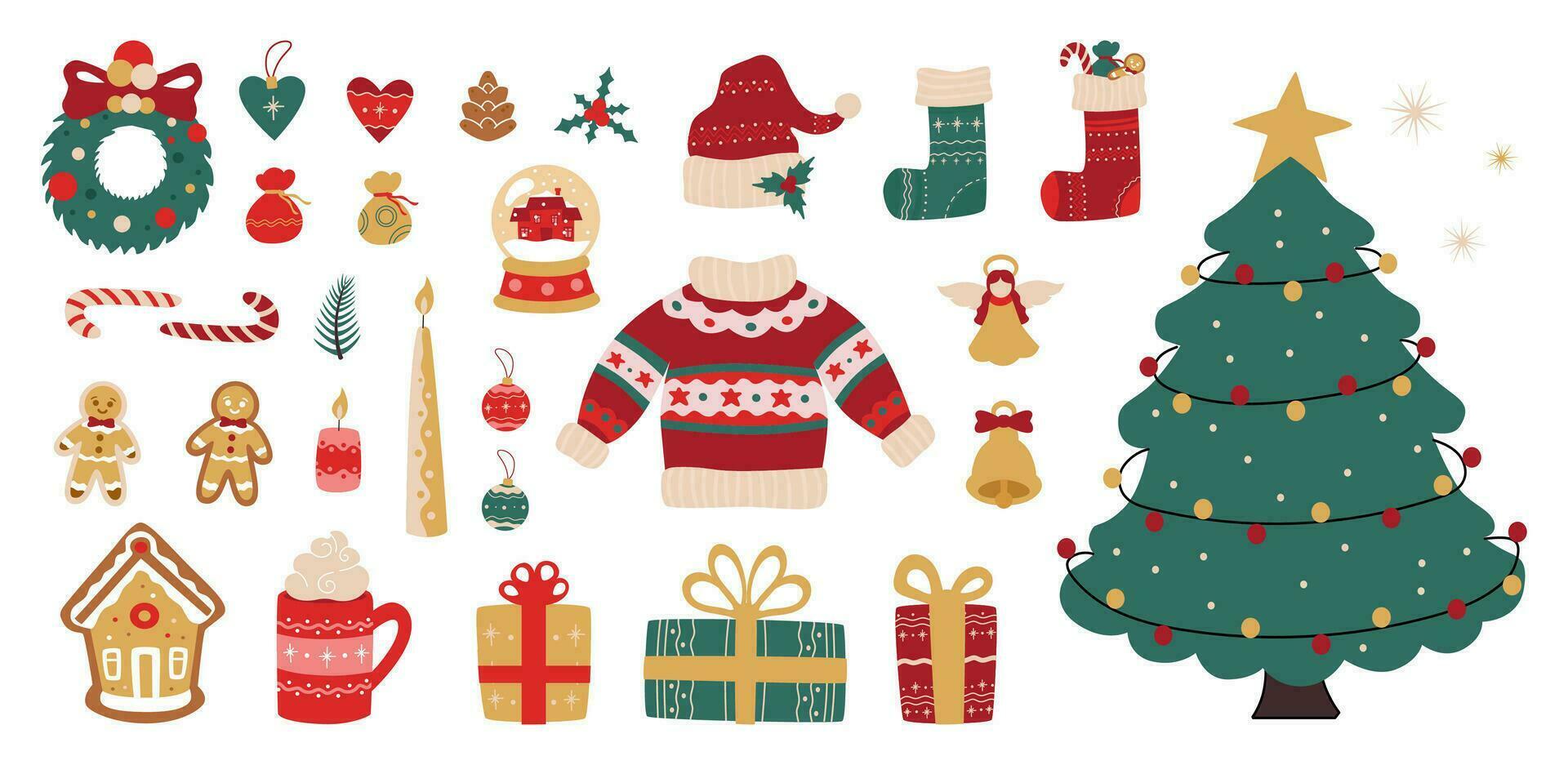 joyeux Noël conception éléments, autocollant pack avec traditionnel Noël vacances panneaux et symboles, sapin arbre, cadeaux, chaussettes, pain d'épice bonbons, chaud vêtements et autre. vecteur décoratif illustration.