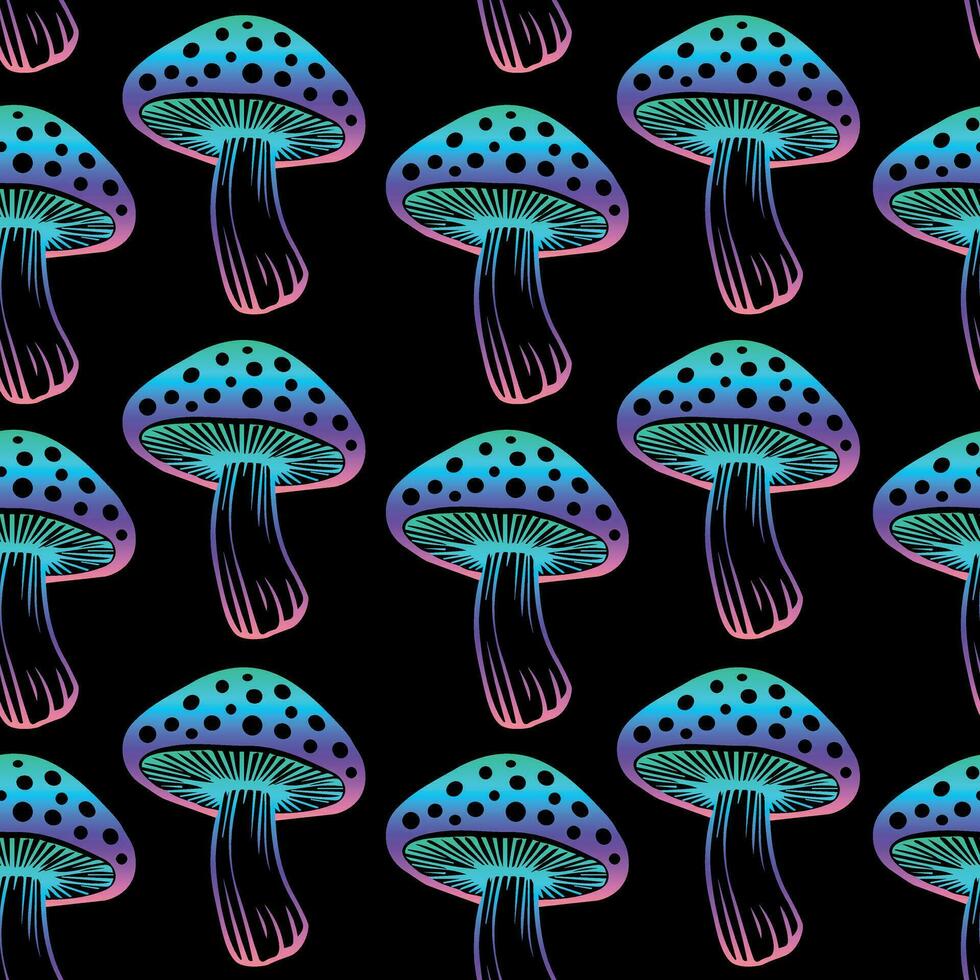 sans couture modèle. vecteur plat mouche agaric champignon noir Contexte. amanite. psychédélique couleurs