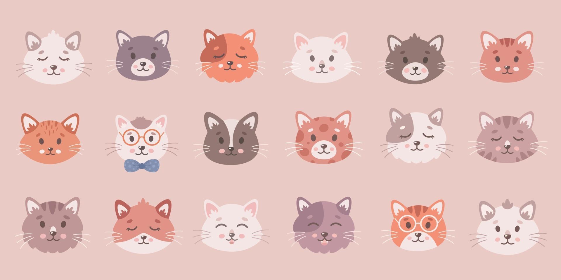 collection de chat mignon. visages de chats, animaux domestiques, chatons, animaux mignons. vecteur