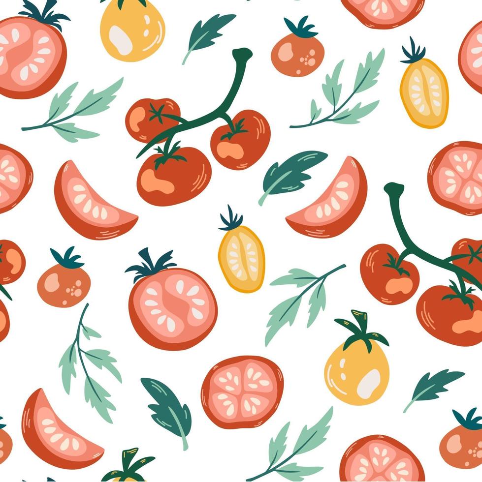 modèle sans couture de tomates. dessiner à la main des tomates juteuses mûres vecteur