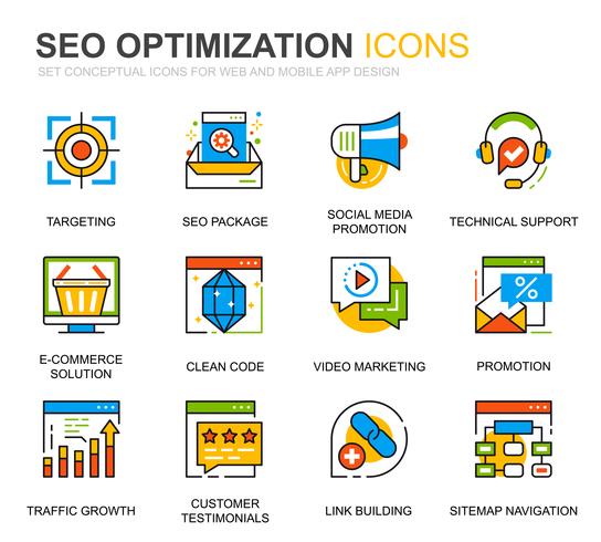 Icônes de ligne d&#39;optimisation Web simplifiée pour les sites Web et les applications mobiles vecteur