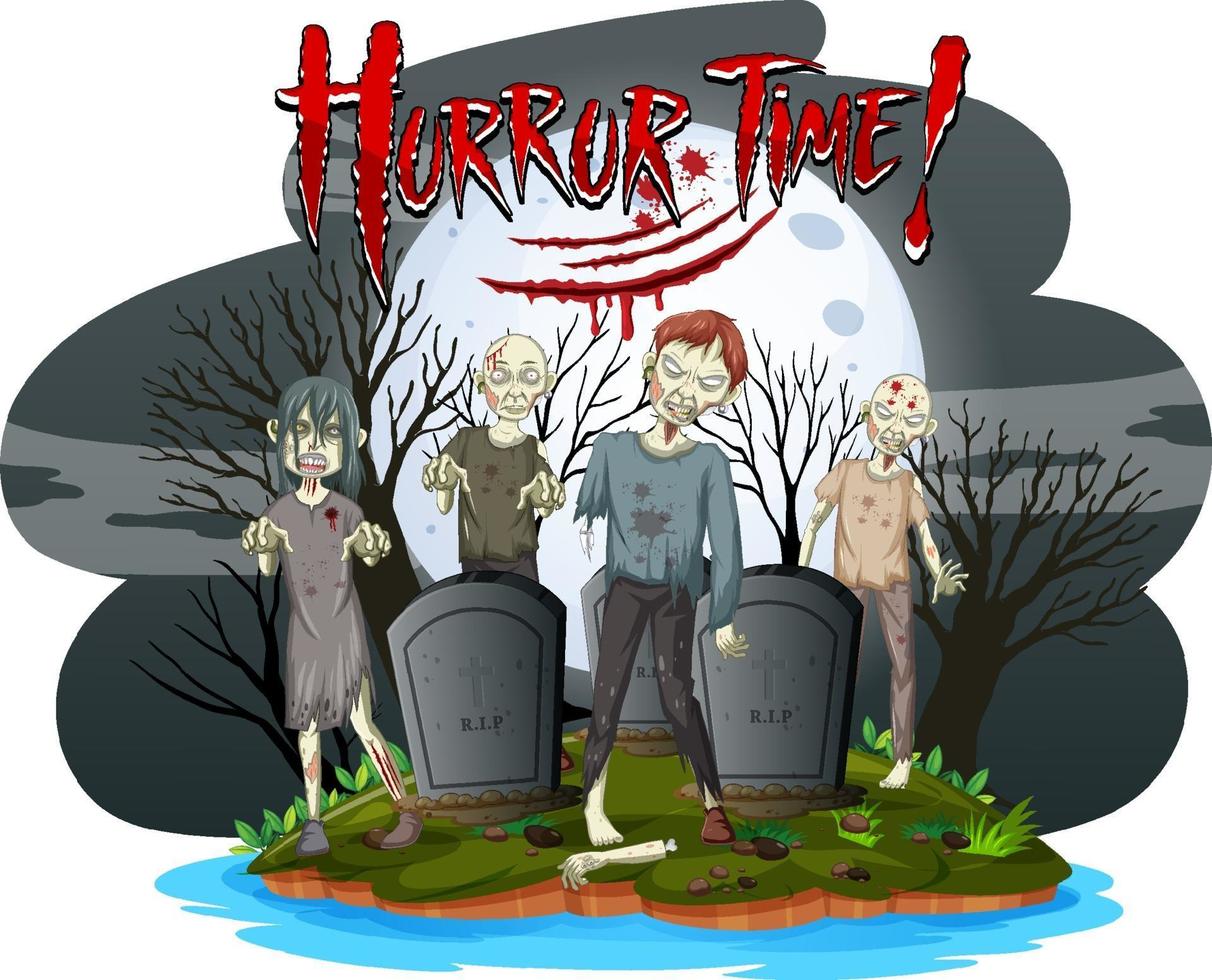 logo de texte de temps d'horreur avec des zombies effrayants au cimetière vecteur