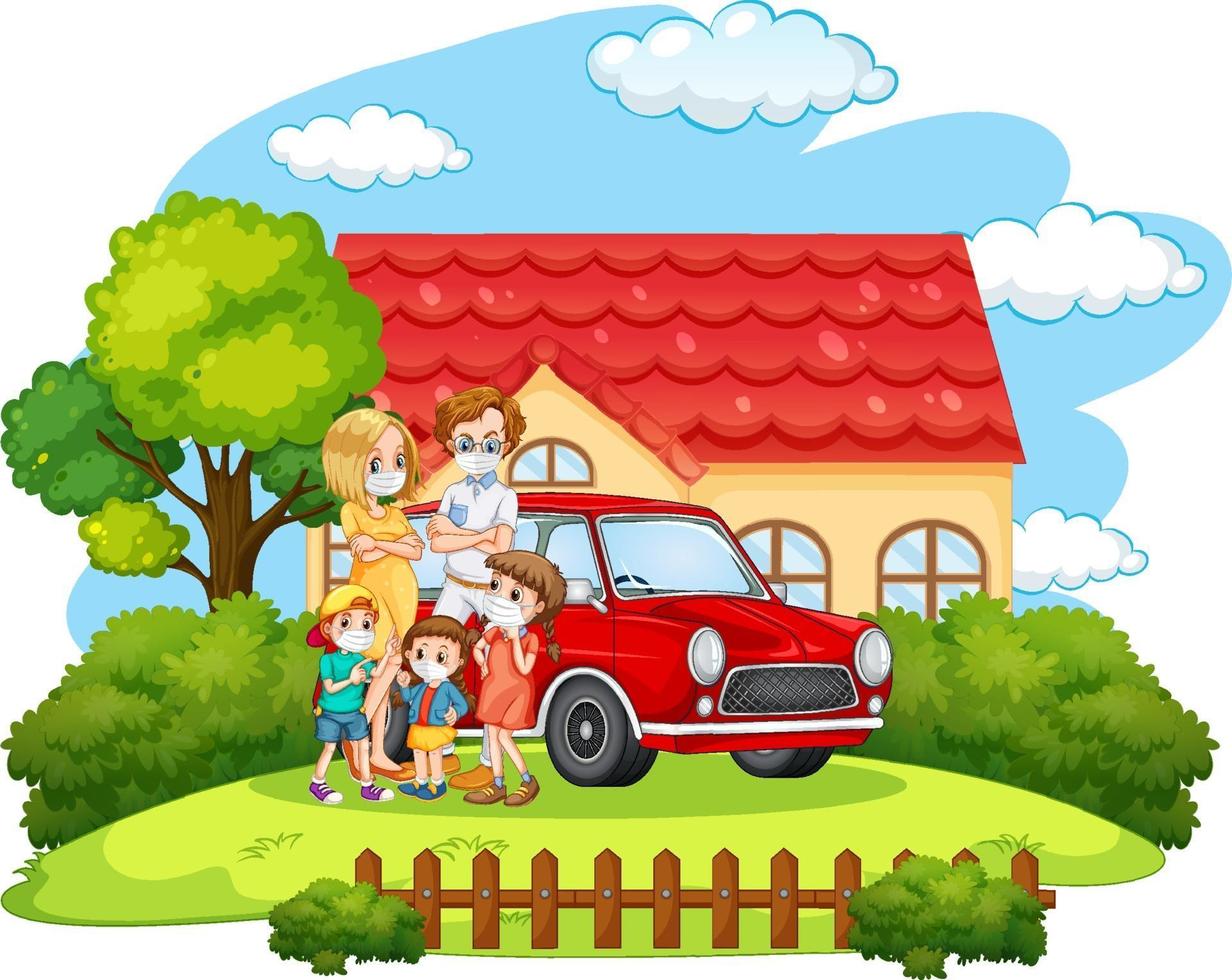 famille heureuse debout à l'extérieur de la maison avec une voiture isolée vecteur