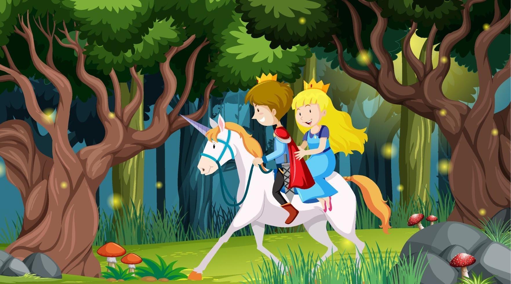 scène de forêt fantastique avec prince et princesse vecteur