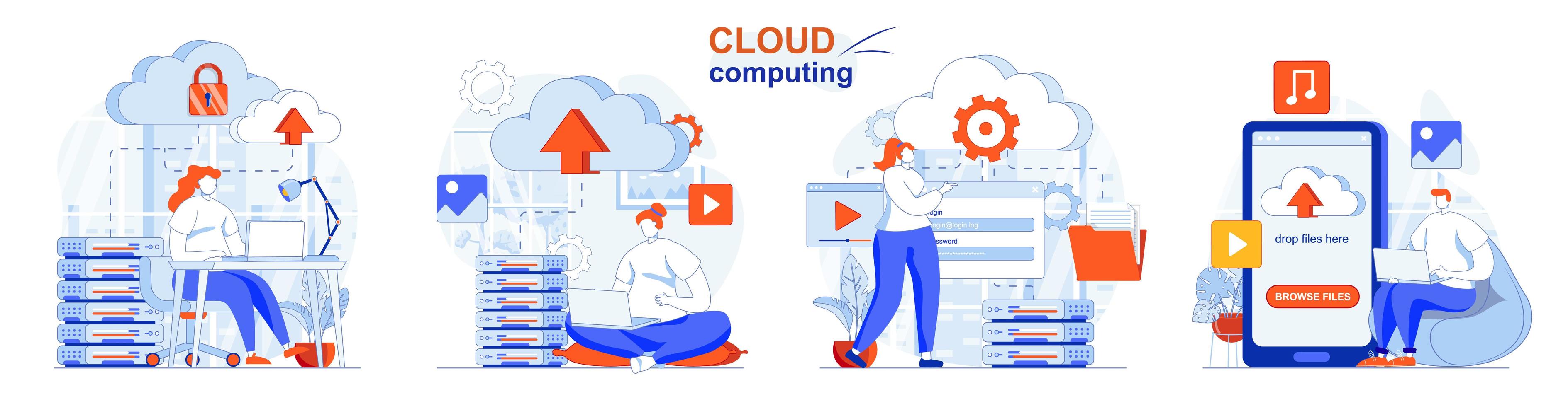 concept de cloud computing défini des scènes isolées de personnes dans un design plat vecteur