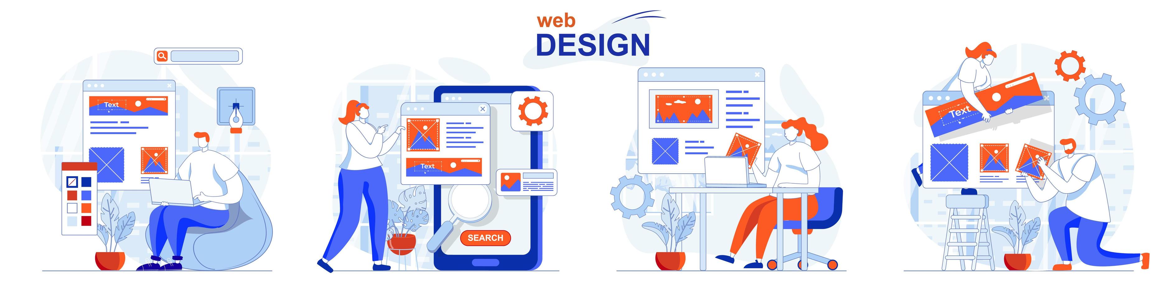 concept de conception de sites Web mis en scène des personnes isolées dans un design plat vecteur