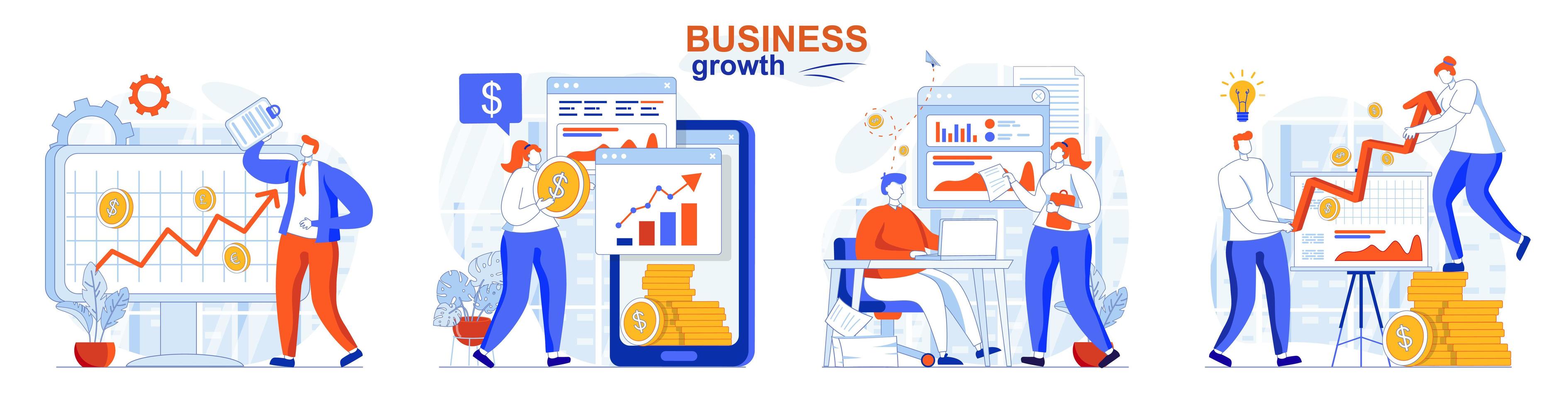 concept de croissance de l'entreprise défini des scènes isolées de personnes dans un design plat vecteur