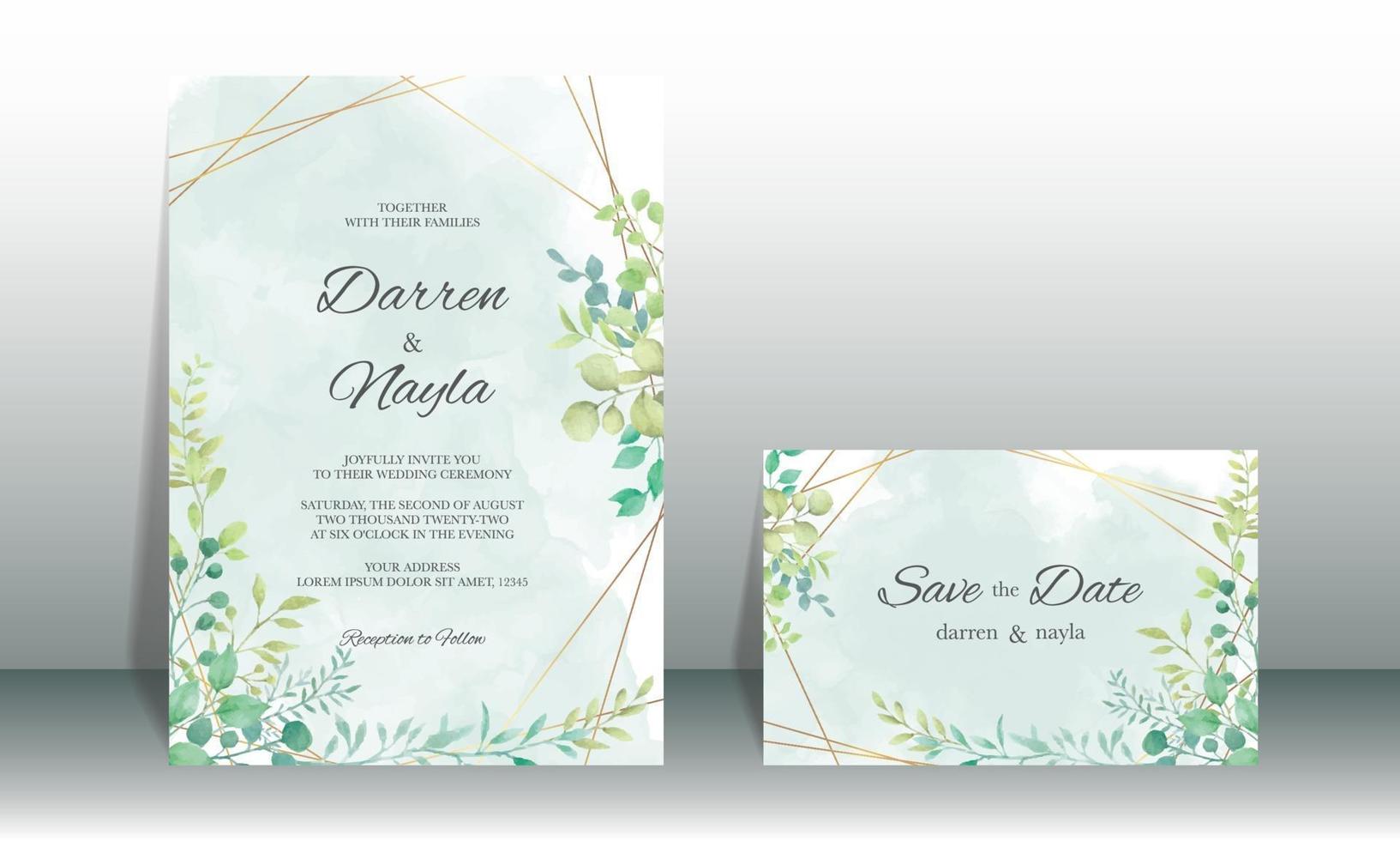 modèle d'invitation de mariage élégant avec des feuilles d'aquarelle vecteur