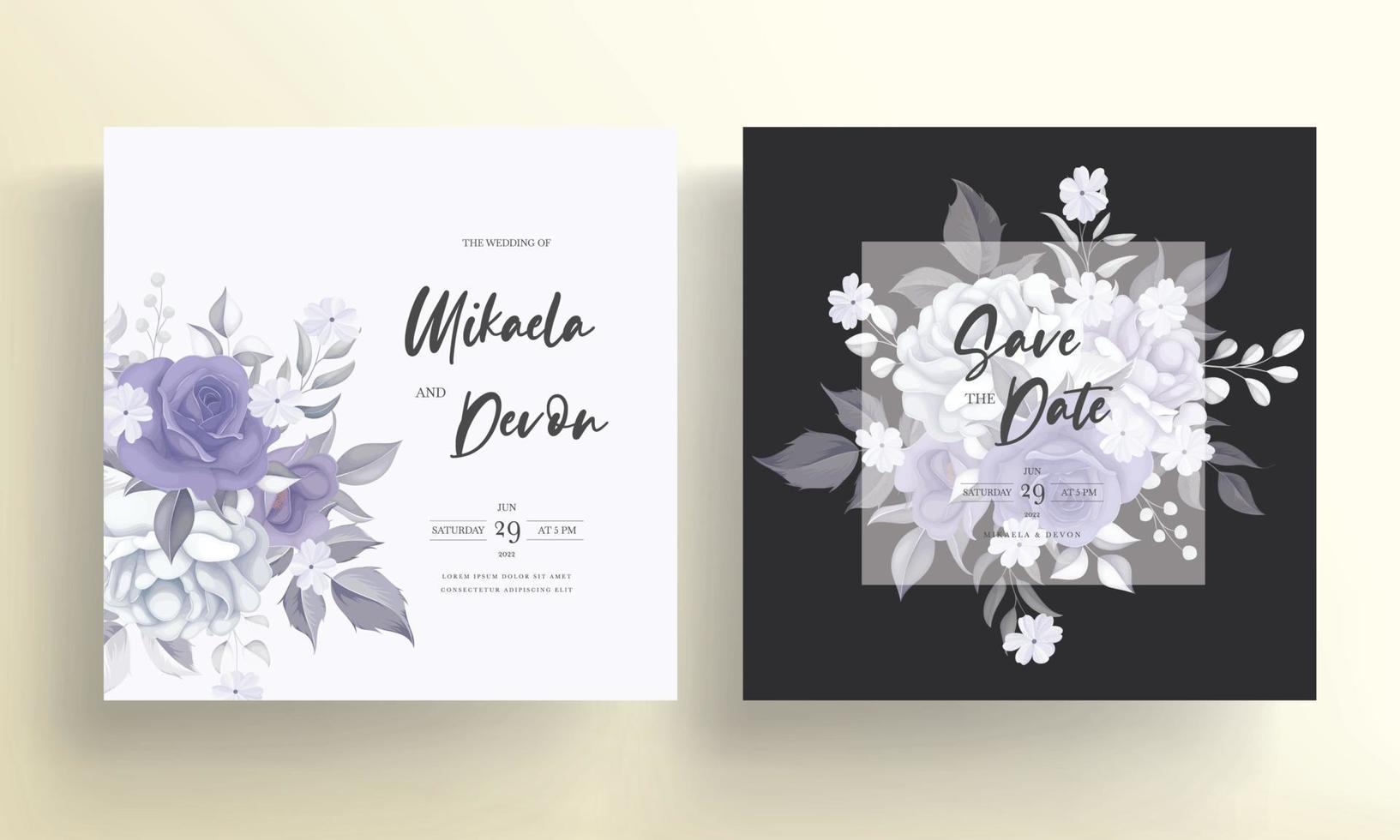 belle carte d'invitation de mariage avec décoration de fleurs violettes vecteur