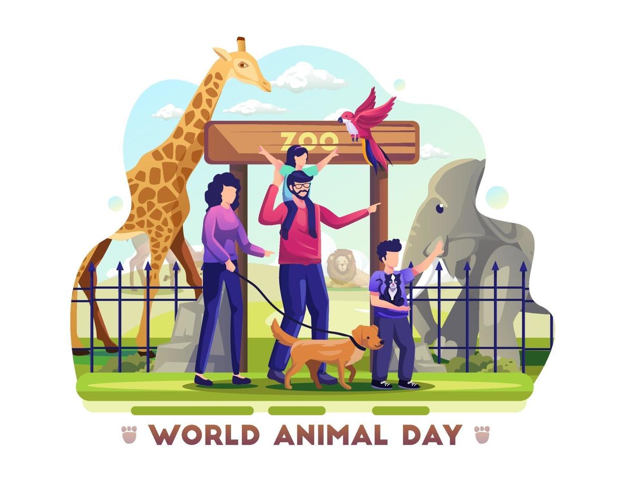 La famille visite le zoo pour célébrer l'illustration vectorielle de la journée mondiale des animaux vecteur