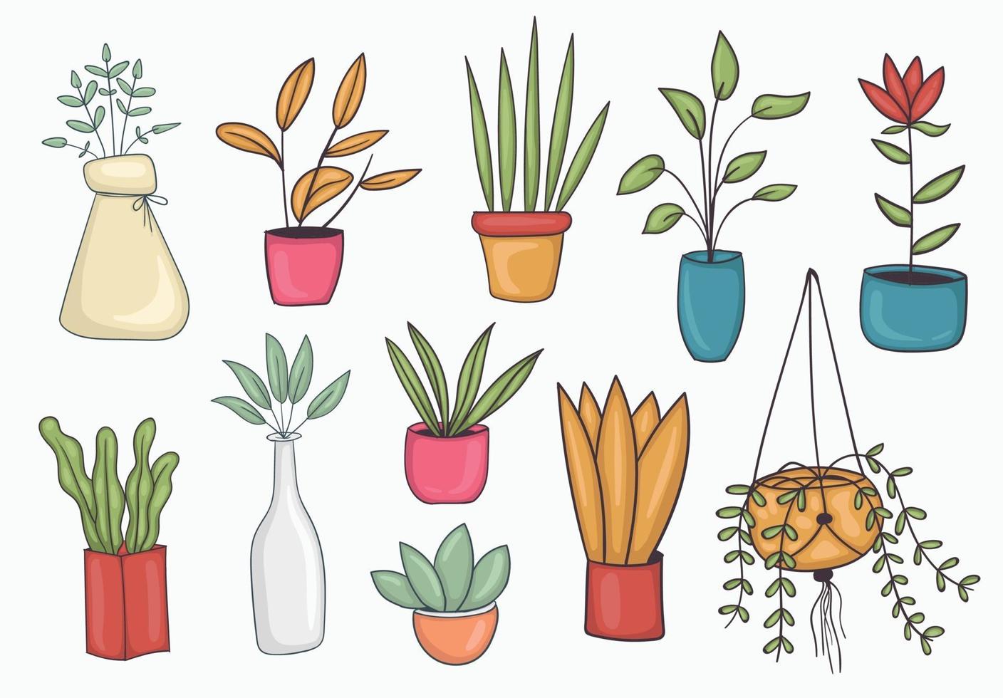 ensemble d'illustrations de plantes en pot colorées dessinées à la main vecteur