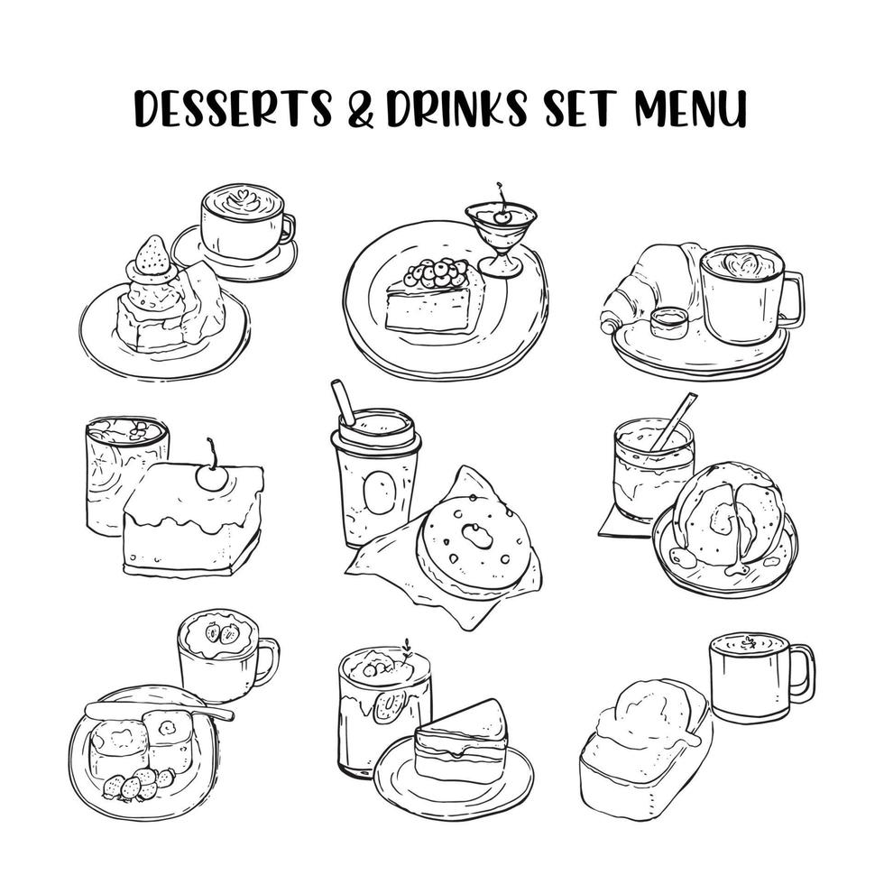 menu de desserts et de boissons, croquis de dessin vectoriel noir et blanc