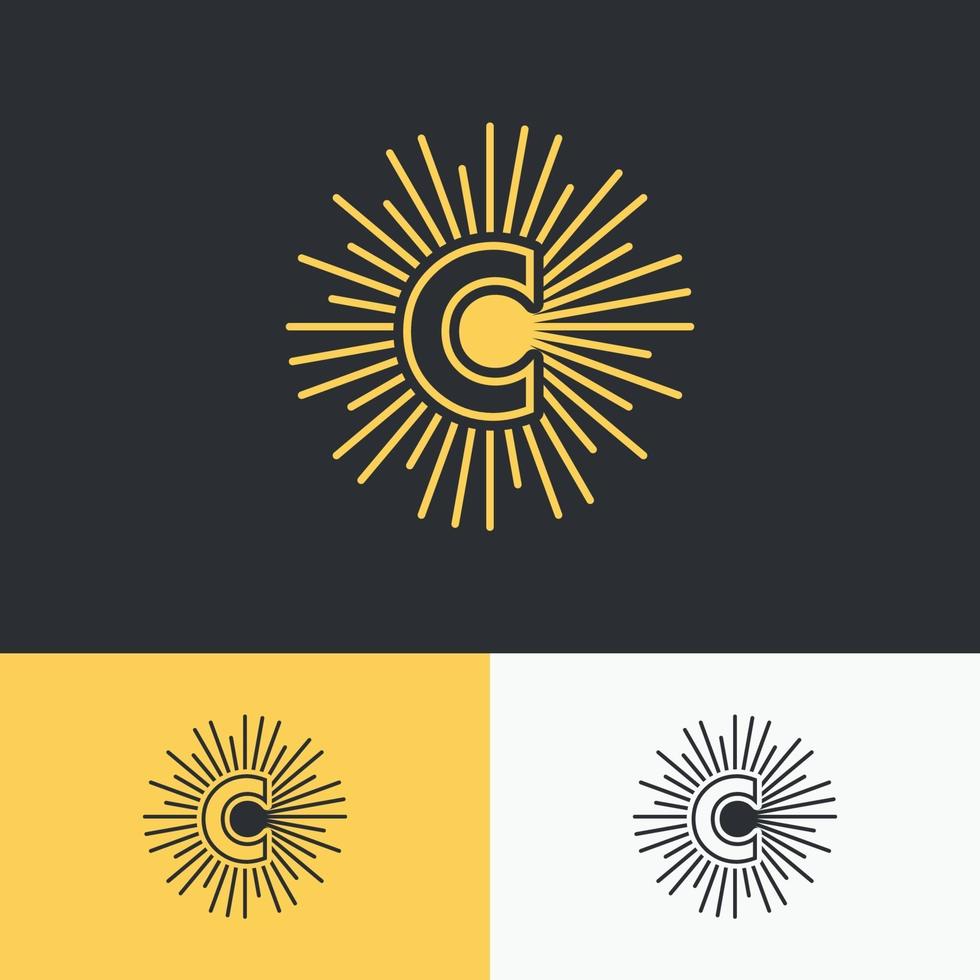 lettre c initiale avec création de logo de symbole de soleil. vecteur