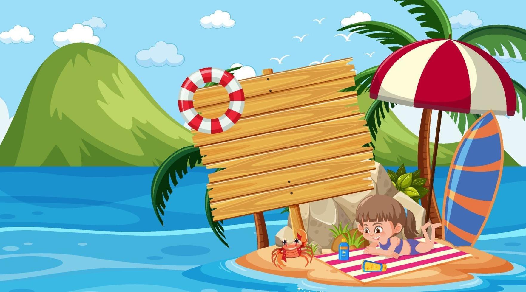 enfants en vacances à la plage, scène de jour avec une bannière vide vecteur
