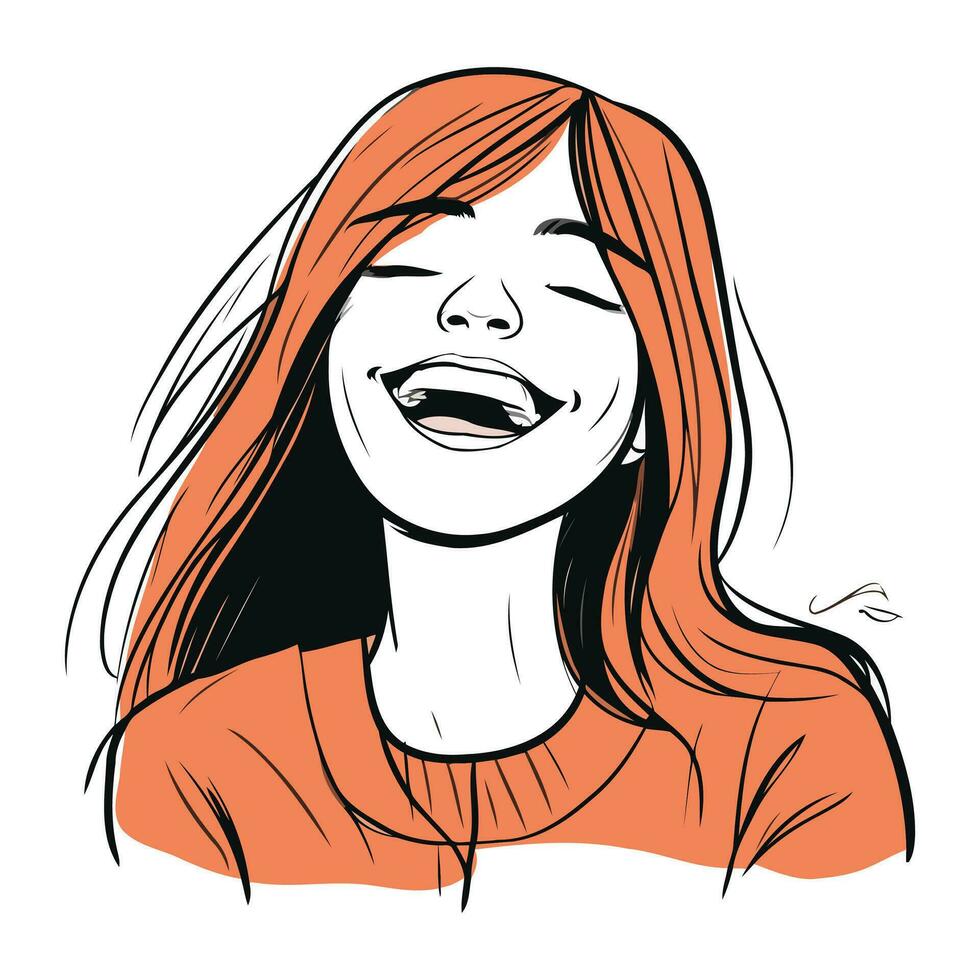 portrait de une en riant fille avec rouge cheveux. vecteur illustration.