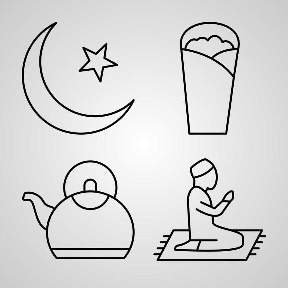 ensemble d'icônes du design plat en ligne mince du ramadan et de l'eid vecteur