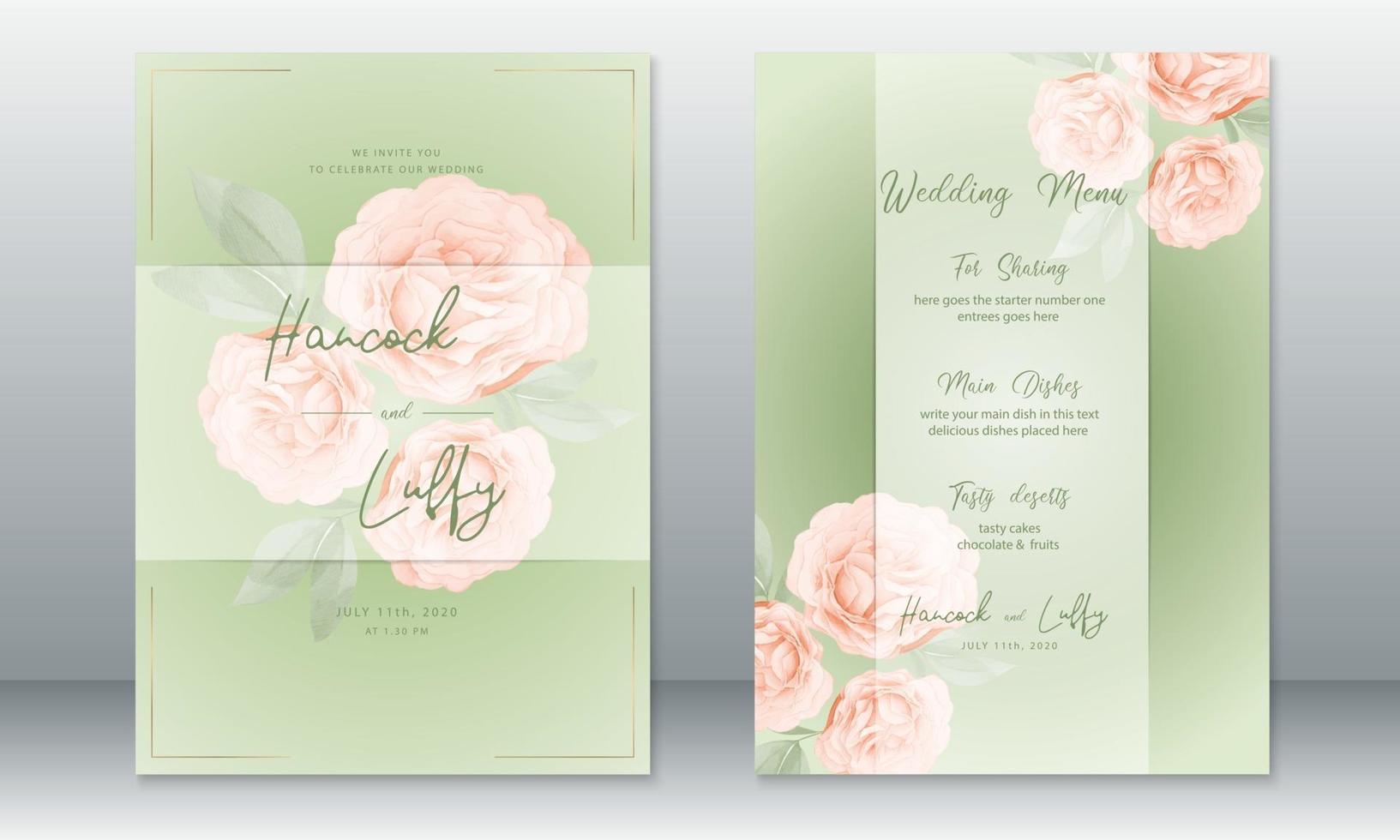 carte d'invitation de mariage fond vert avec bouquet de roses vecteur