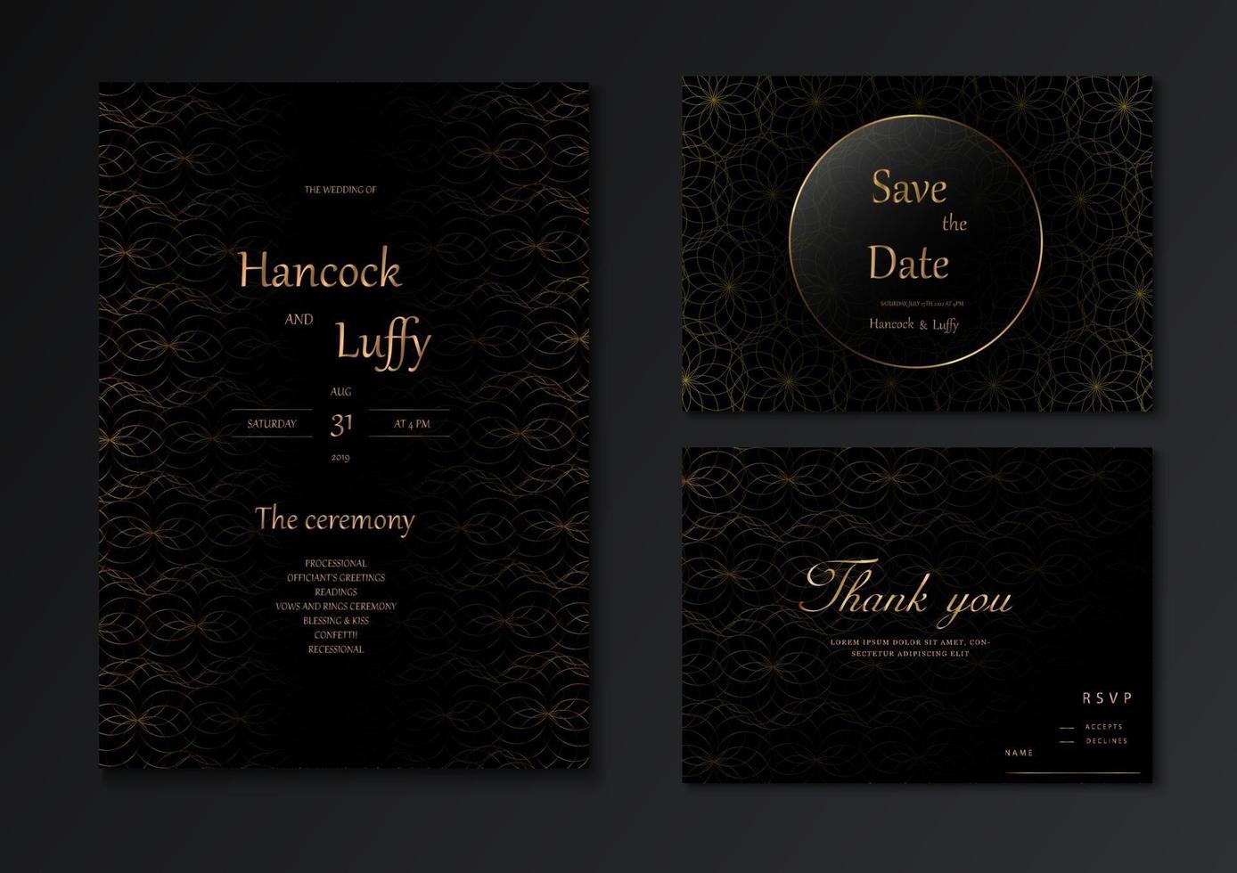 modèle de carte d'invitation de mariage élégant avec du noir et de l'or vecteur