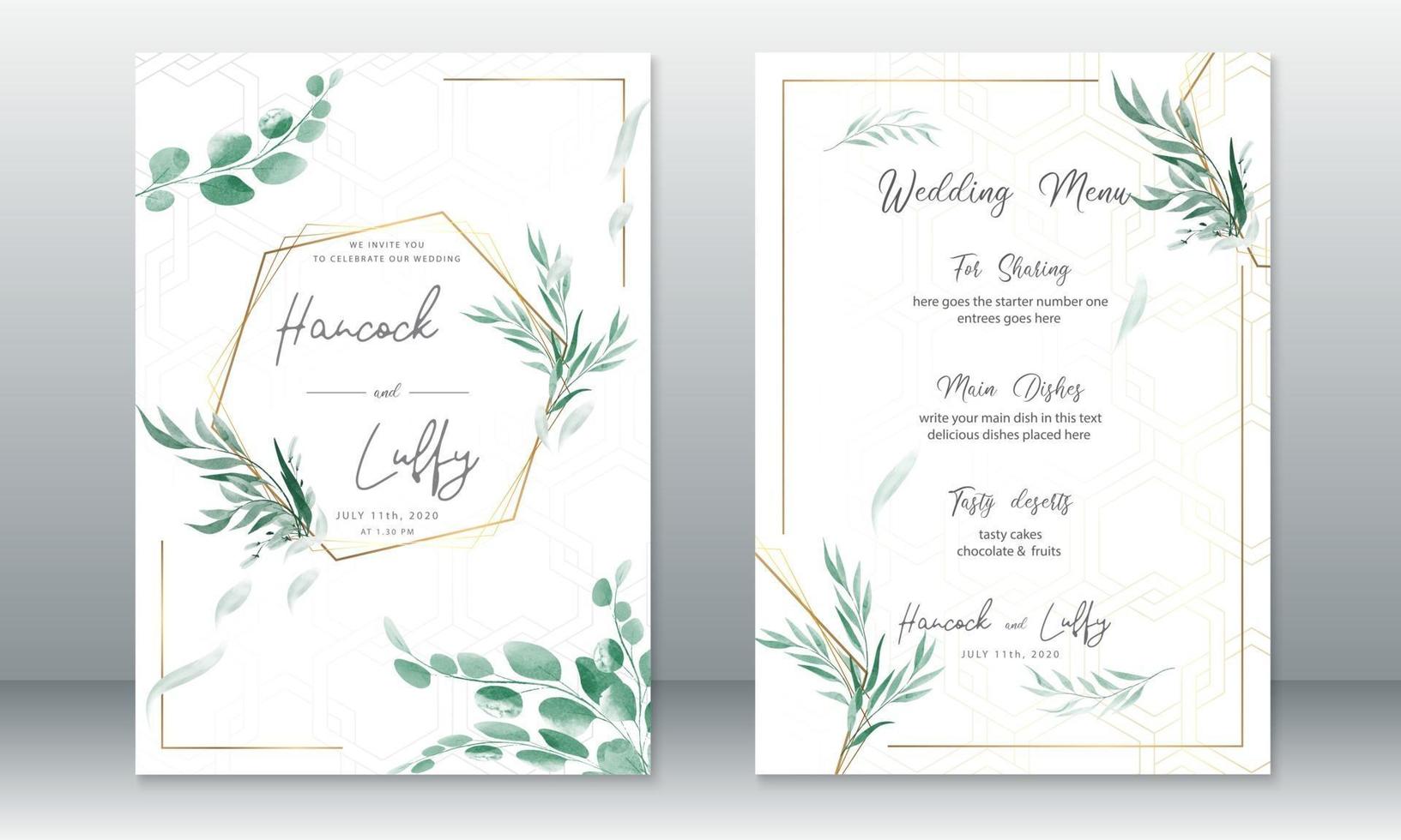 modèle de carte d'invitation de mariage avec feuille verte vecteur