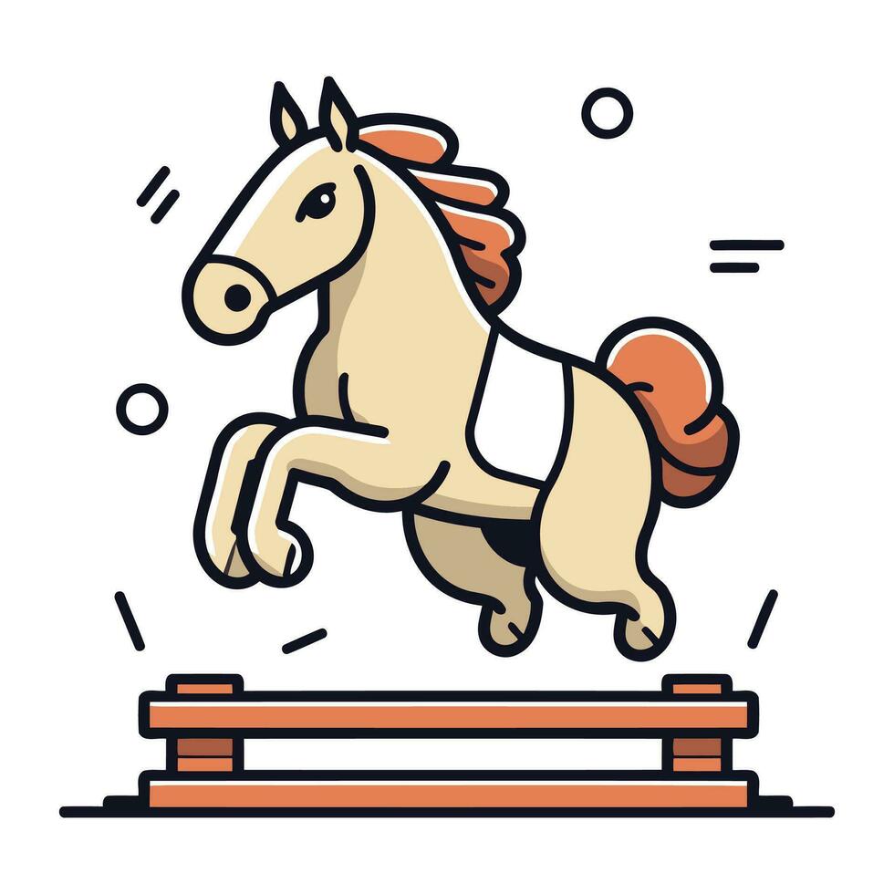 cheval sauter sur en bois plateforme. vecteur illustration dans ligne art style.