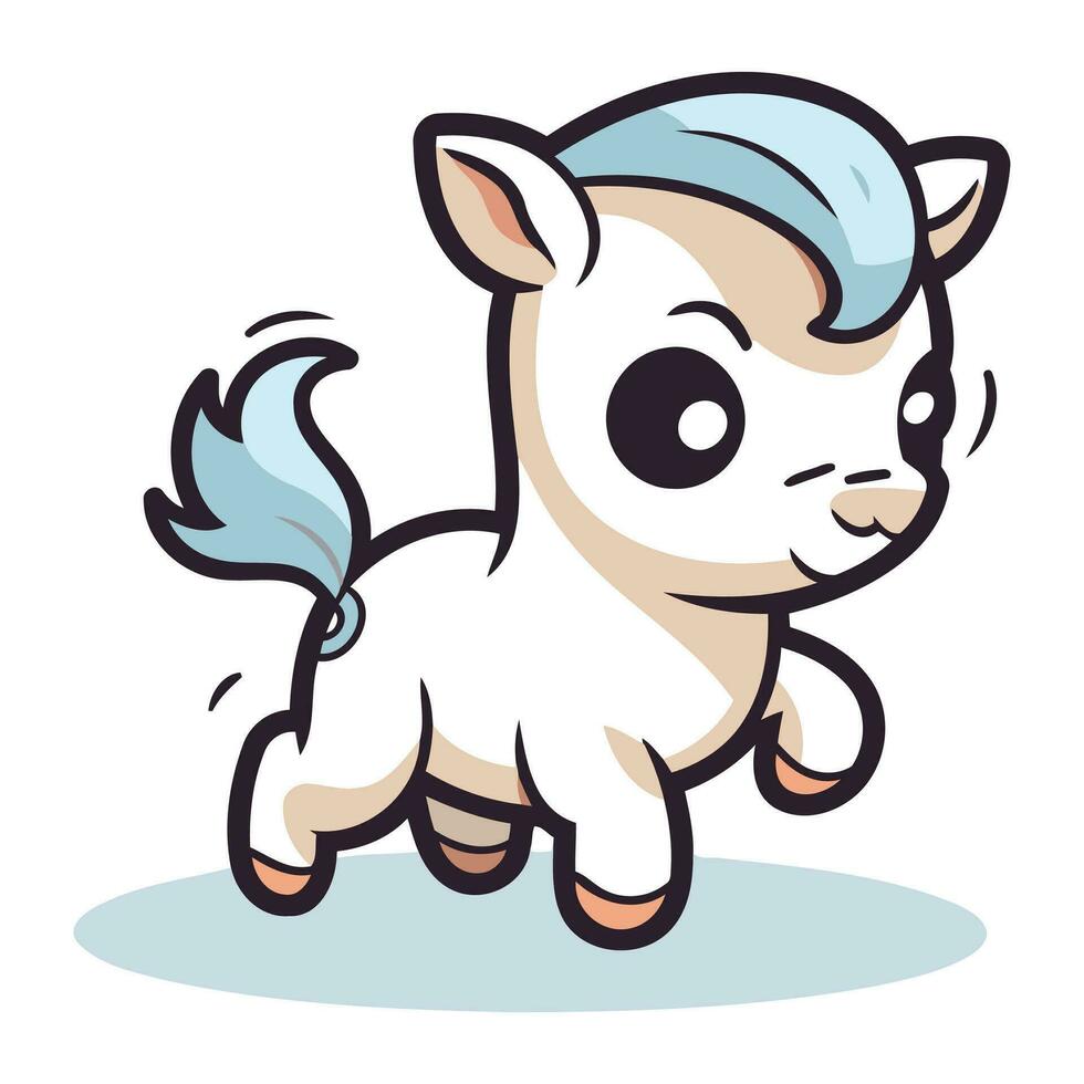mignonne dessin animé cheval avec bleu bandage fonctionnement et souriant. vecteur illustration.