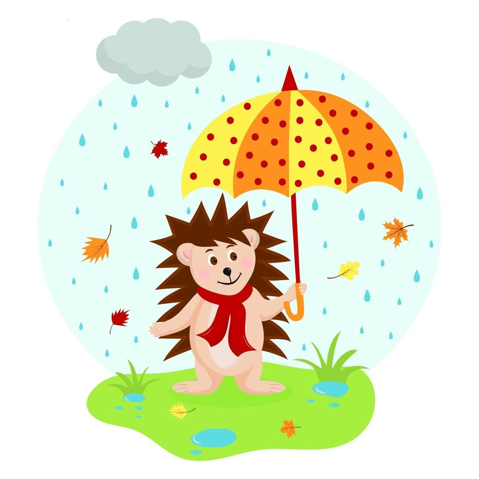 hérisson avec un parapluie à pois sur un pré sous la pluie. vecteur
